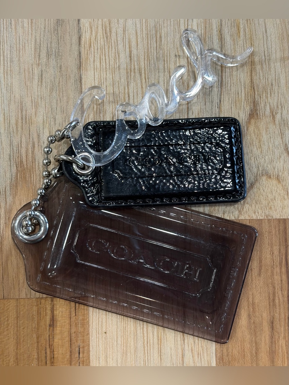 Coach Clear Smoke Acrylic & Black Pebbled Leather Tag Keychain Set of 3
